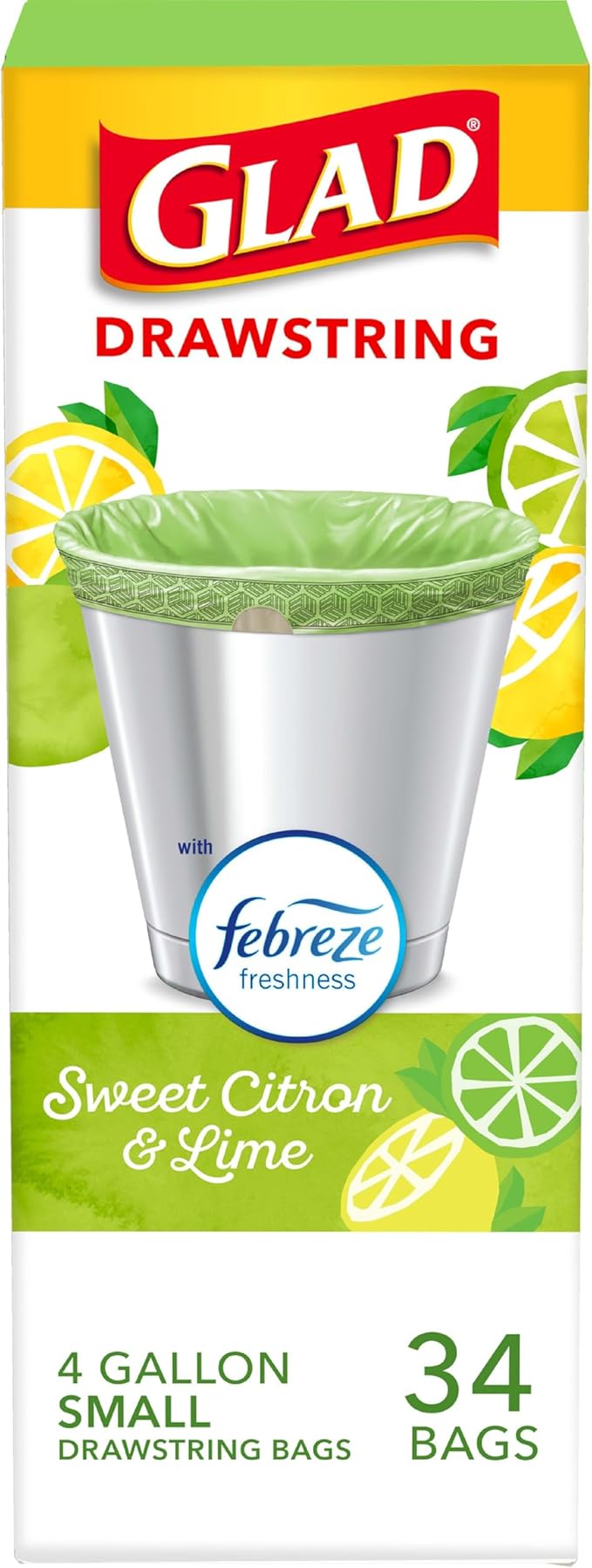 Glad Small Kitchen Drawstring Trash Bags, 4 Gallon, Febreze Sweet Citron & Lime, 34 Count