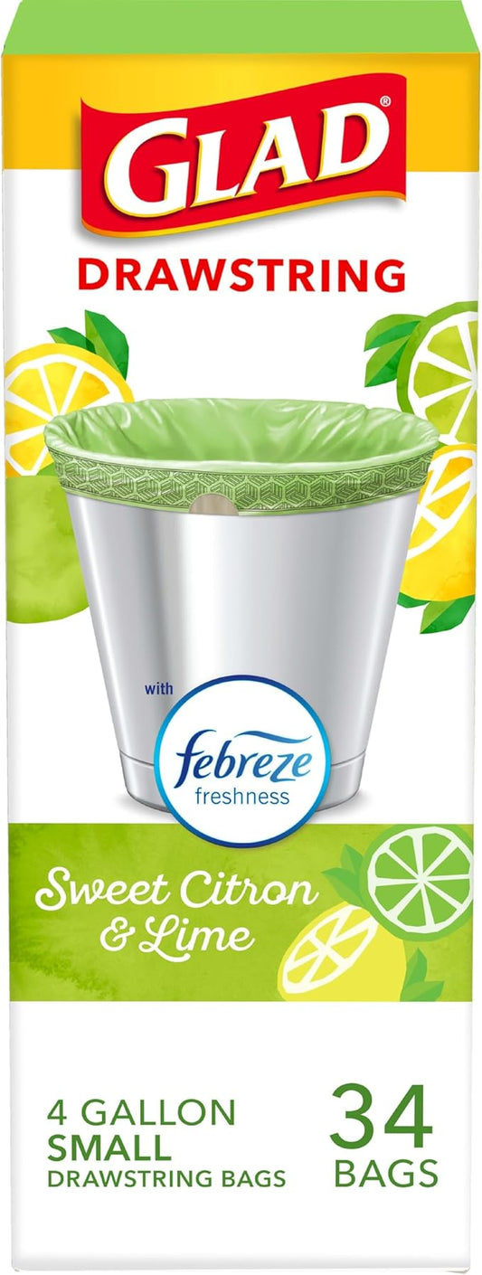 Glad Small Kitchen Drawstring Trash Bags, 4 Gallon, Febreze Sweet Citron & Lime, 34 Count