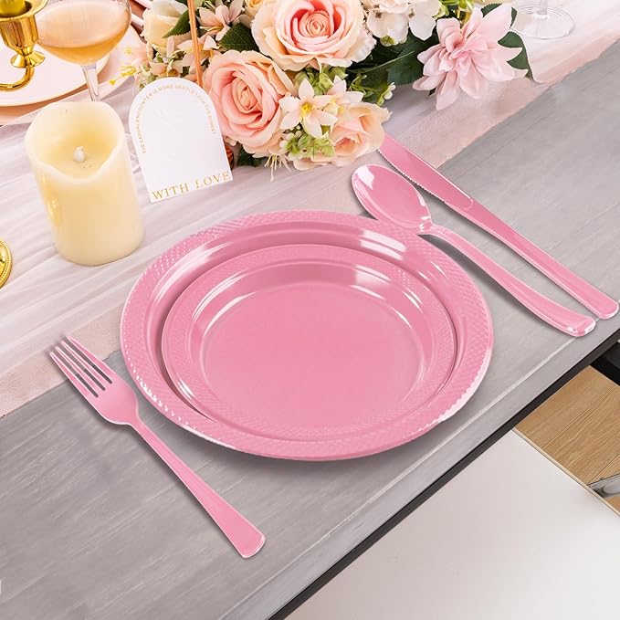 Pink Plastic Plates, 25 Guest Pink Party Supplies Set, Pink Disposable Dinnerware Set, Including Plastic Plates, 12 oz Cups, plastic Cutlery and Paper Napkins for Mothers Day Party Wedding Birthday