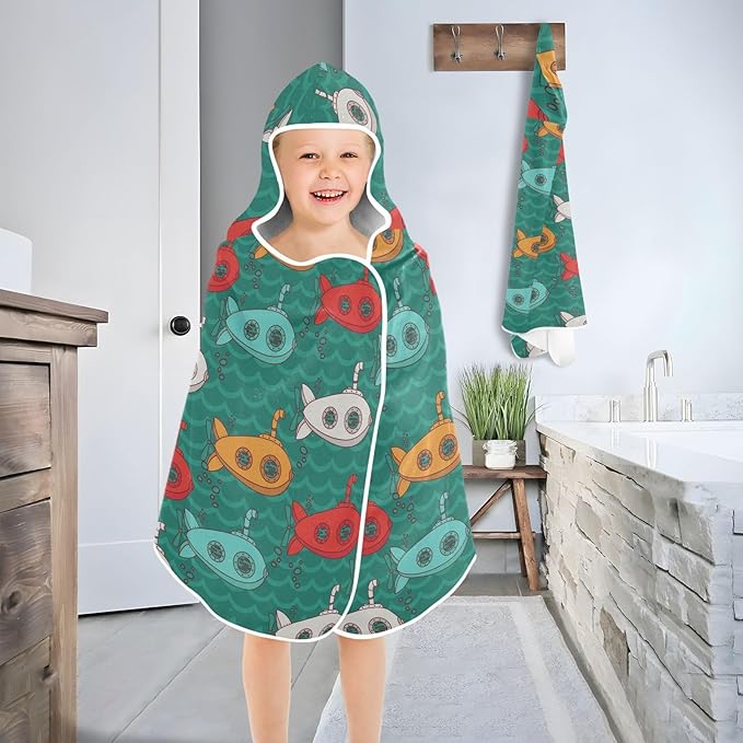 susiyo Kids Hooded Bath Towel Vintage Submarines Beach Towel for Kids 23.5 x 50 Inch Microfiber Soft Absorbent Quick Dry Bath Swim Pool Towel Wrap Poncho Bathrobe with Hood for Kids Toddler