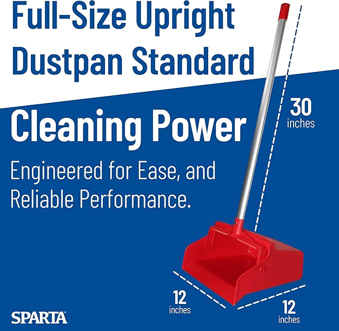 SPARTA Upright Dustpan with Aluminum Handle, Serrated Edge for Broom Combing, Secure Yoke Lock with Easy Storage Hanging Hole for Commercial Cleaning, Plastic, 30 Inches, Red