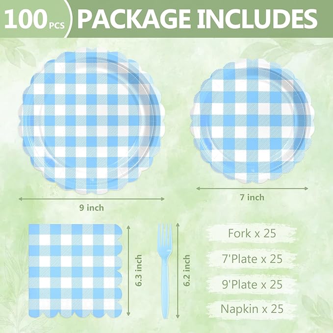 Mulbozy 100 Light Blue Gingham Plates and Napkins Disposable Set Includes 25-9" & 25-7" Dessert Cake Scalloped Plates, Cocktail Napkins, Forks for for Holiday Party Supplies