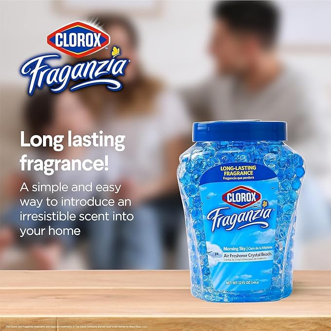 Clorox Fraganzia Crystal Beads Air Freshener, Long Lasting Room Deodorizer and Odor Eliminator Gel Beads to Freshen Home, Car, or Office, Morning Sky Scent, 12 Fl Oz - 2 Pack