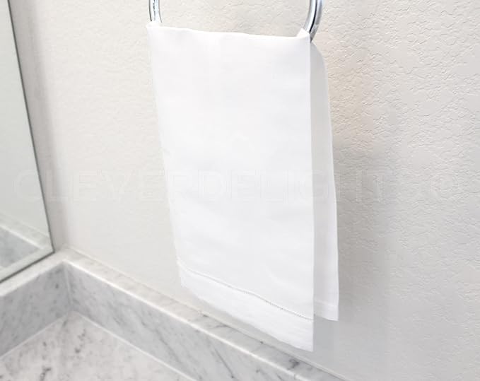 CleverDelights White Linen Hemstitched Hand Towels - 6 Pack - 14" x 22" - Fingertip Towel