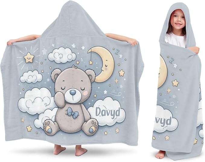 Night Teddy Bear Personalized Kids Hooded Towel with Name Soft Absorbent Beach Pool Bath Towels Hood Poncho for Boys Girls