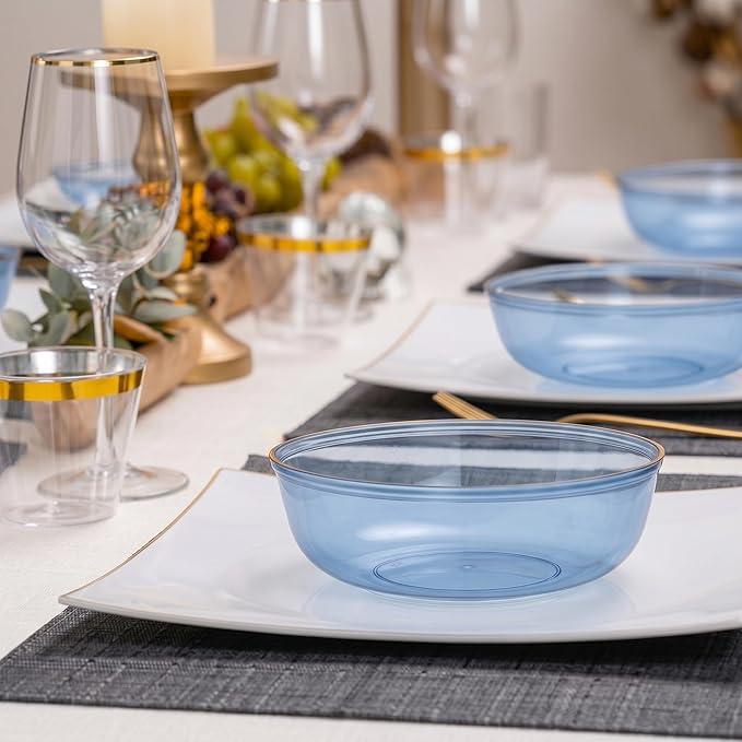PLASTICPRO Plastic Party Plates Edge Collection Premium heavyweight Elegant Disposable Tableware Dishes (TRANSLUCENT BLUE WITH GOLD RIM, 16 OZ BOWLS)
