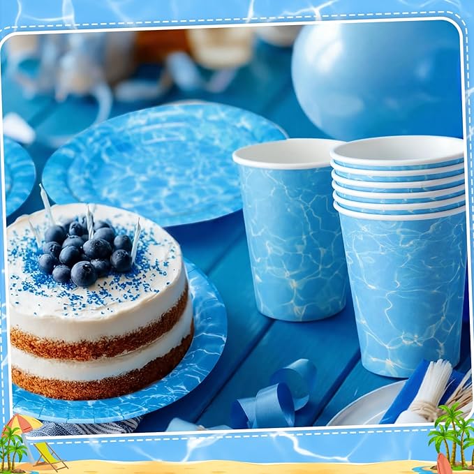 Pickmesh 400 Pcs Ocean Waves Party Decoration Set, Disposable Sea Paper Plates and Napkins, Cups and Cutlery Supplies Ocean Themed Birthday Party Tableware, Serve for 50 Guests
