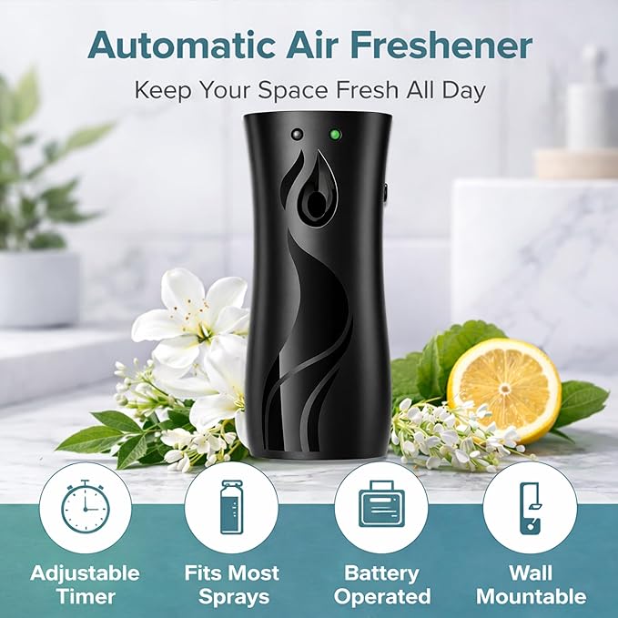 Automatic Air Freshener Dispenser, Wall Mounted or Free Standing Spray Machine, Adjustable Timer, Battery Operated, Compatible with Most Standard Spray Cans for Bathroom, Office & Home (Black)