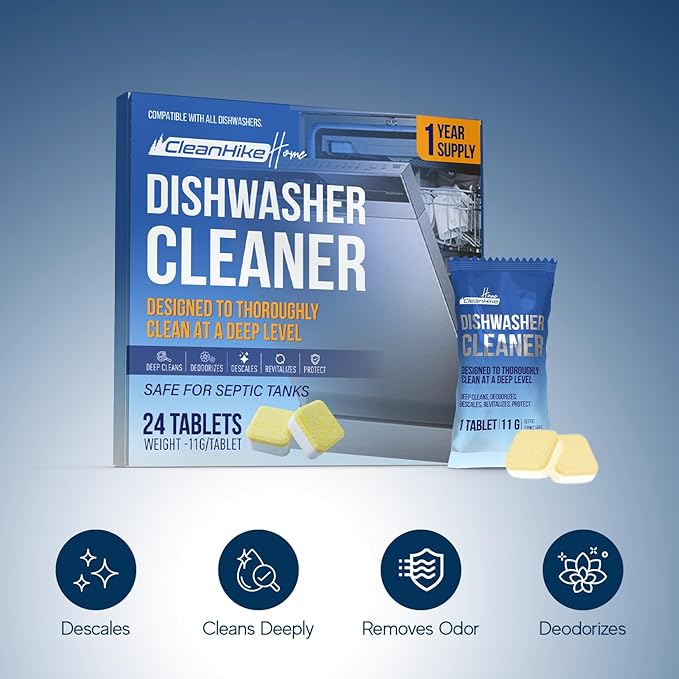 Dishwasher Cleaner Tablets - 24 Pack Dishwasher Cleaner and Deodorizer for Hard Water, Limescale, Calcium Buildup, Grease & Odors - Septic Safe Citric Acid Formula, 1 Year Supply