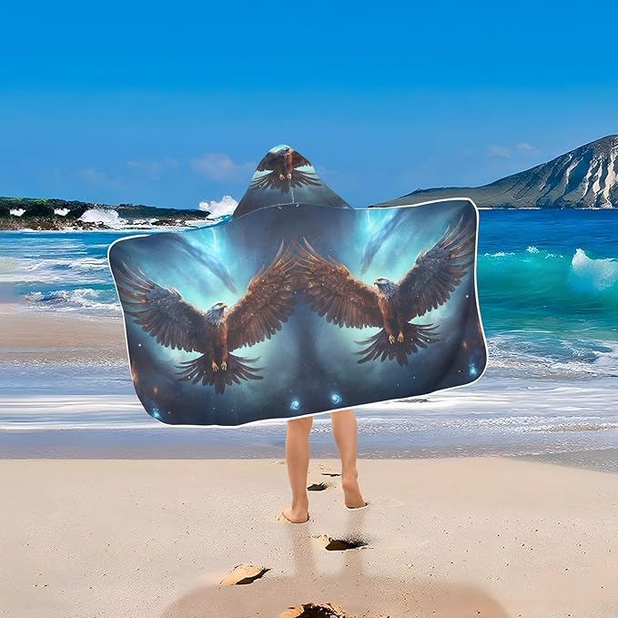 Hooded Towel for Kids Flying Eagle in Space Pattern Beach Wrap Bath Towels 50x23.5in