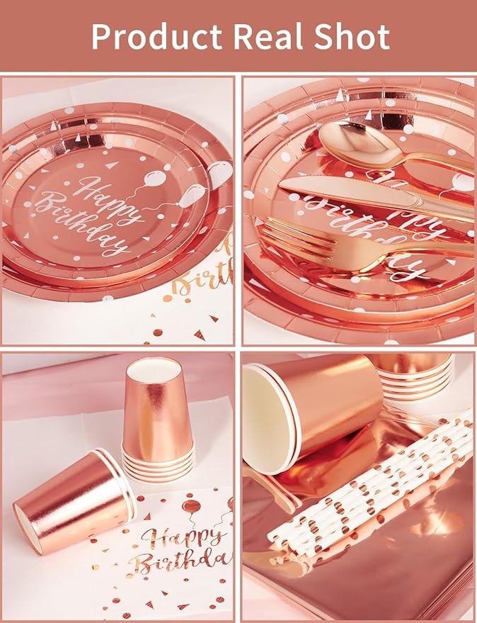 Nkaiso Birthday Party Tableware, 161 Pieces Rose gold Party Supplies, Dinnerware Sets Include Paper Plates Napkins Cups Silverware, for Shower Engagement Parties Decoration -20 Serves