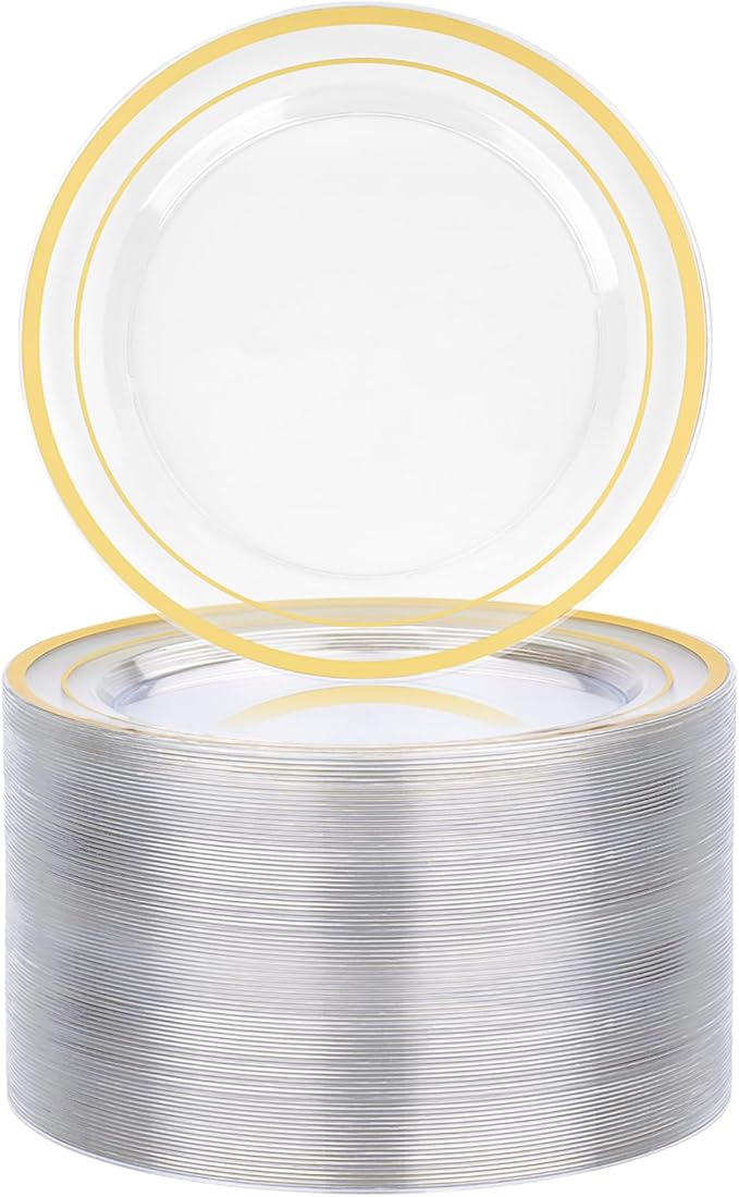 BESTVIP 100PCS 7 Inch Clear Plastic Dessert Plates, Small Disposable Salad Plate with Gold Rim, Heavy Duty Plastic Small Cakes Plates for Party, Wedding and Birthday, Events