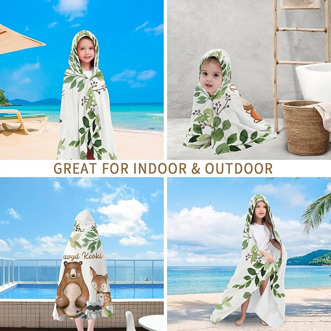 Safari Animals Bear Deer Personalized Kids Hooded Towel with Name Soft Absorbent Beach Pool Bath Towels Hood Poncho for Boys Girls