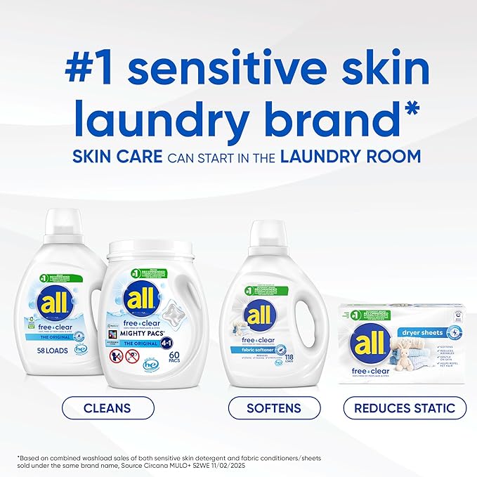 All Mighty Pacs Laundry Detergent Free Clear Odor Relief, Tub, 56 Count