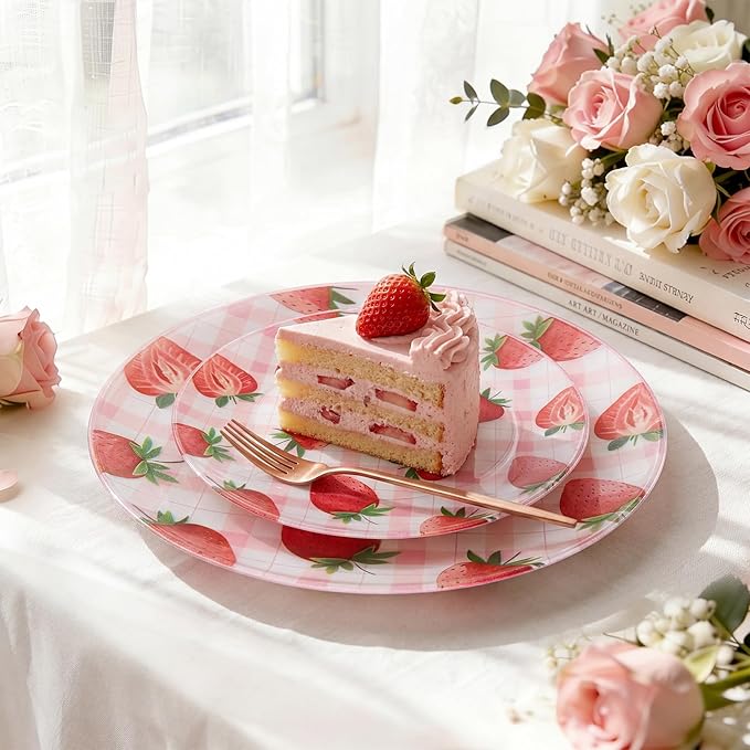 Liacere 32Pcs Strawberry Plastic plates - Strawberry Checkered Disposable Tableware - 16 Dessert Plates, 16 Dinner Plates, Ideal for Spring Picnics, Parties, Birthdays, and Gatherings