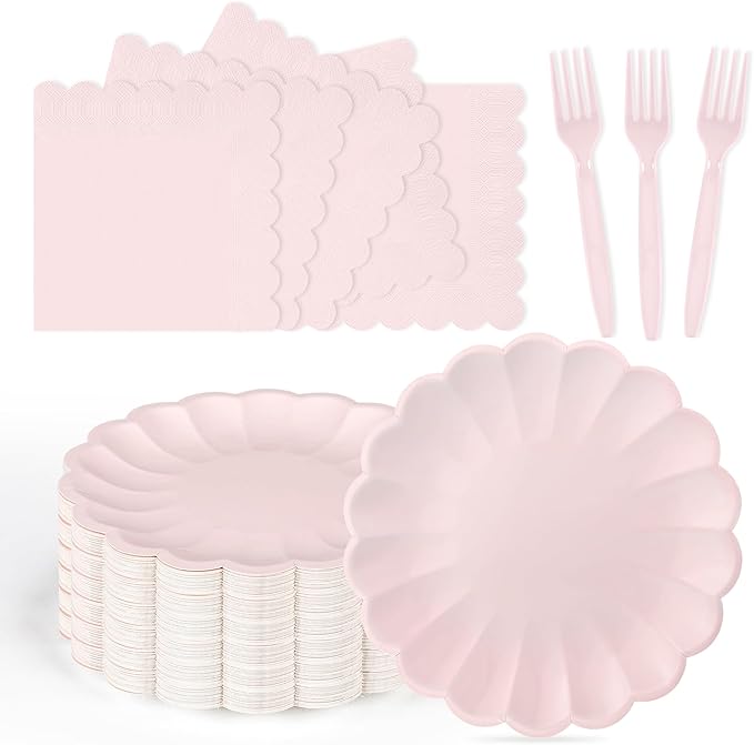 75 Pcs Pink Paper Plates and Napkins Disposable Tableware Set Include Light Pink Scalloped Plates with Shell Edge, Napkins & Forks for Mother's Day Wedding Baby Shower Birthday, Serve for 25 Guests