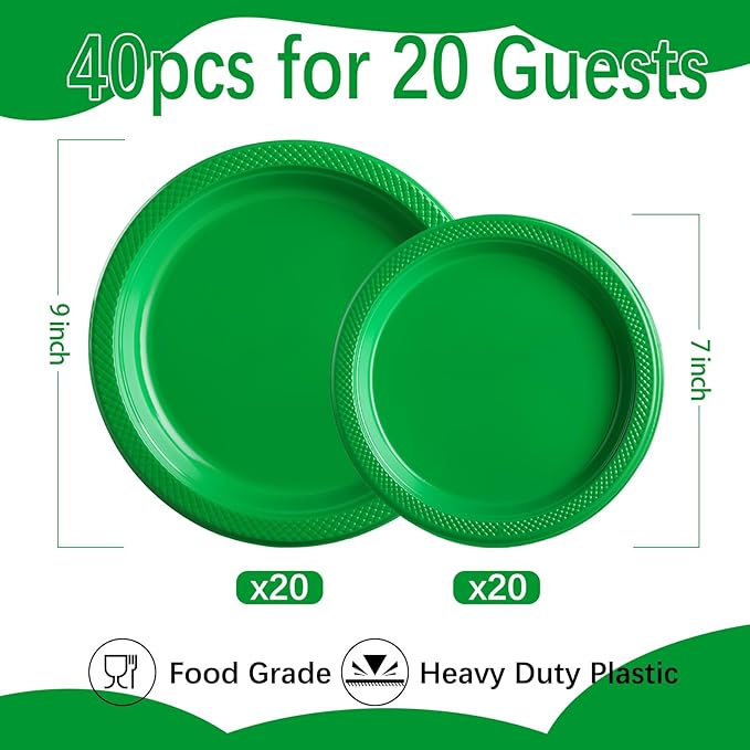 40 Pcs Green Plastic Plates for Graduation Party, Green Disposable Plates Heavy Duty, 20-9" and 20-7" Green Plates for Birthday Soccer Party