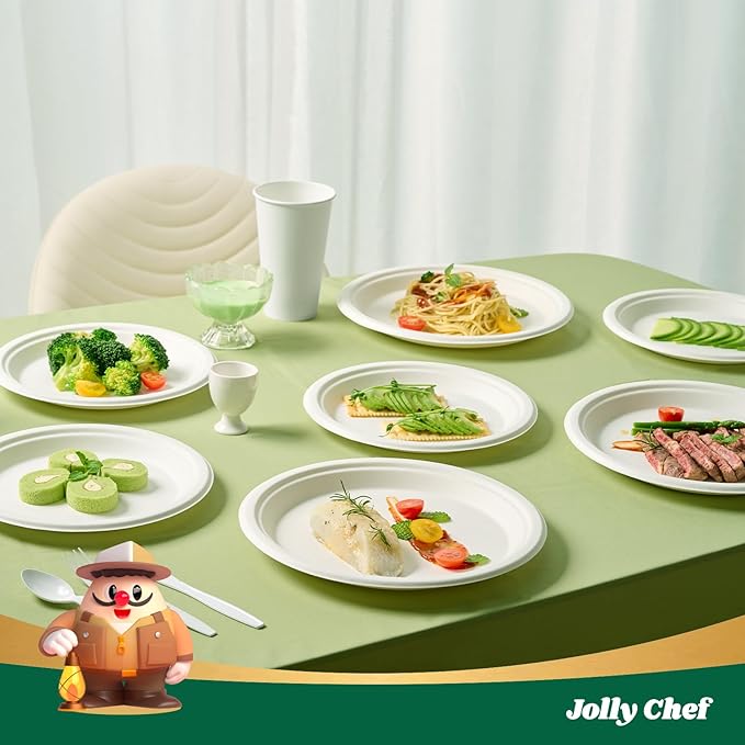 JOLLY CHEF Compostable Heavy Duty Plates 𝟭𝟬 𝗜𝗻𝗰𝗵 [𝟯𝟬𝟬 𝗣𝗮𝗰𝗸] Eco-Friendly Disposable White Uncoated Paper Plates Bagasse Sugarcane Biodegradable for Hot Cold Food Party Dinner Weddings