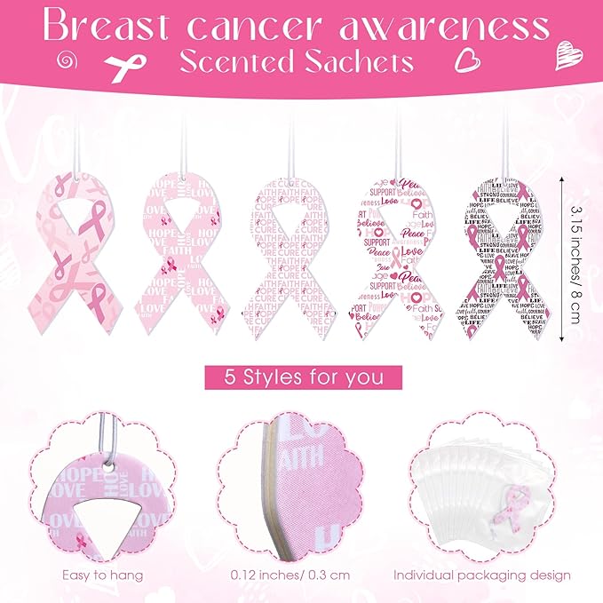 25 Pcs Breast Cancer Awareness Closet Freshener Pink Ribbon Scented Sachets Air Freshener Deodorizer Air Freshener Hanging for Car Drawers Closets Women Breast Cancer Supplies, 5 Styles