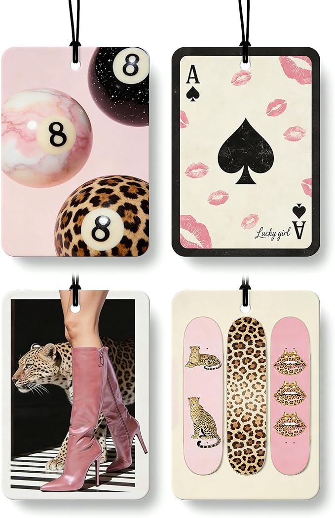 Trendy Pink Leopard Orange Citrus Car Air Freshener 4pcs, Funky Y2k 8 Ball Lips Skateboard Deck Cheetah Hanging Scents Car Accessories Interior Mirror Decor for Women Girls