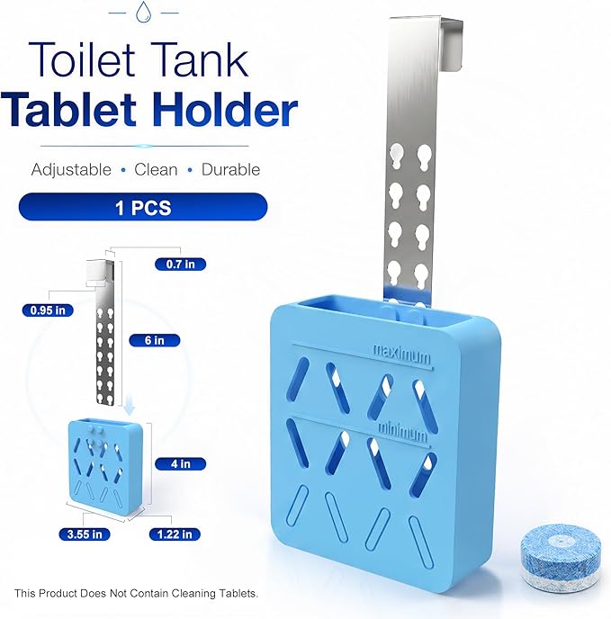 Toilet Tank Tablet Holder, Adjustable Silicone Toilet Tablet Holder for Inside Tank, Toilet Bowl Cleaner Holder, Toilet Tank Cleaner Caddy Basket, Helps Reduce Residue Buildup & Flapper Jams - Blue