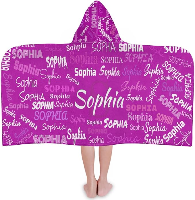 Custom Kids Hooded Bath Towel with Name, Personalized Name Hooded Towel for Boys Girls, Customized Beach Towel Gift for Children, 24" x 50", Solid Purple Pink Color
