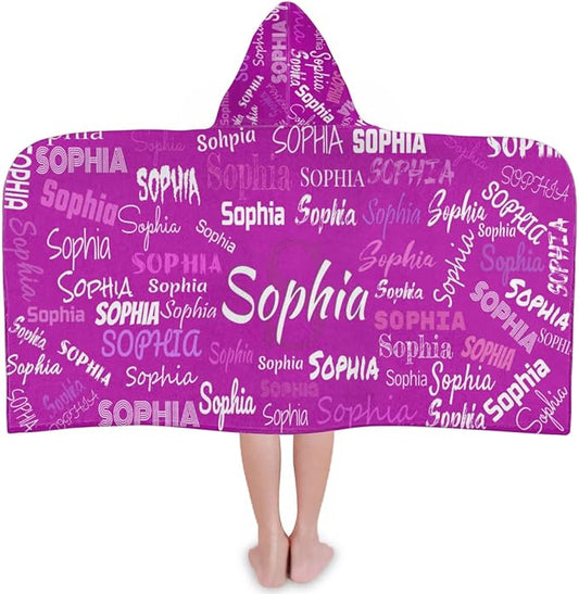 Custom Kids Hooded Bath Towel with Name, Personalized Name Hooded Towel for Boys Girls, Customized Beach Towel Gift for Children, 24" x 50", Solid Purple Pink Color