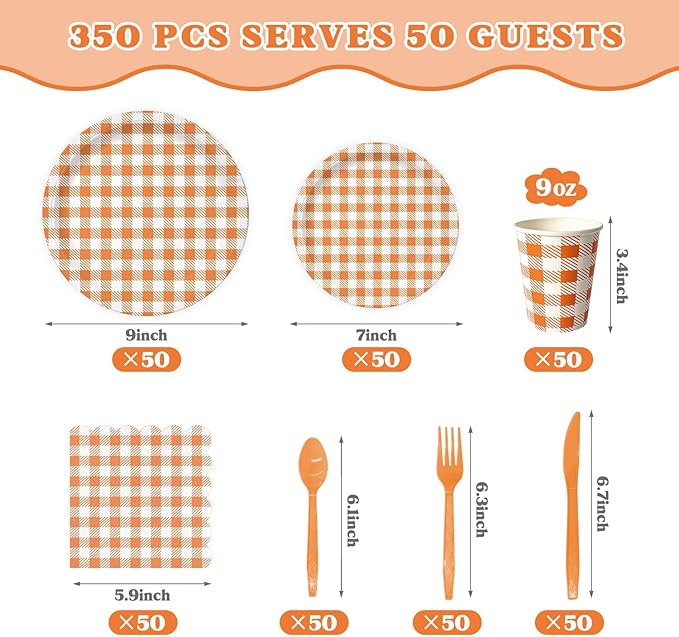 Vyntra 350 Pcs Orange & White Checkered Gingham Paper Plates and Napkins Set for 50, 9" Dinner Plates & 7" Dessert Plate, Halloween Fall Birthday Party