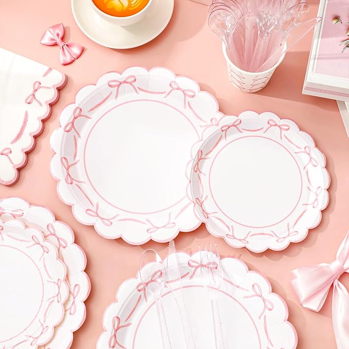 JarThenaAMCS 175Pcs Pink Bow Party Supplies Kit Scalloped Bowknot Tableware Set Disposable Dinnerware Paper Napkin Plate Cup Spoon Fork Knife for 25 Guests Party Favor