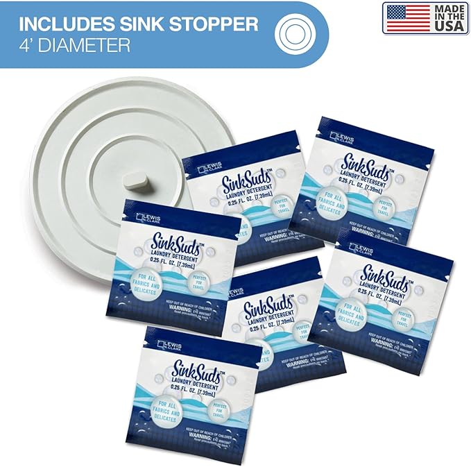 SinkSuds Laundry Detergent Travel Size Liquid Soap TSA Compliant Safe for All Fabrics 6 Packets & 1 Sink Stopper