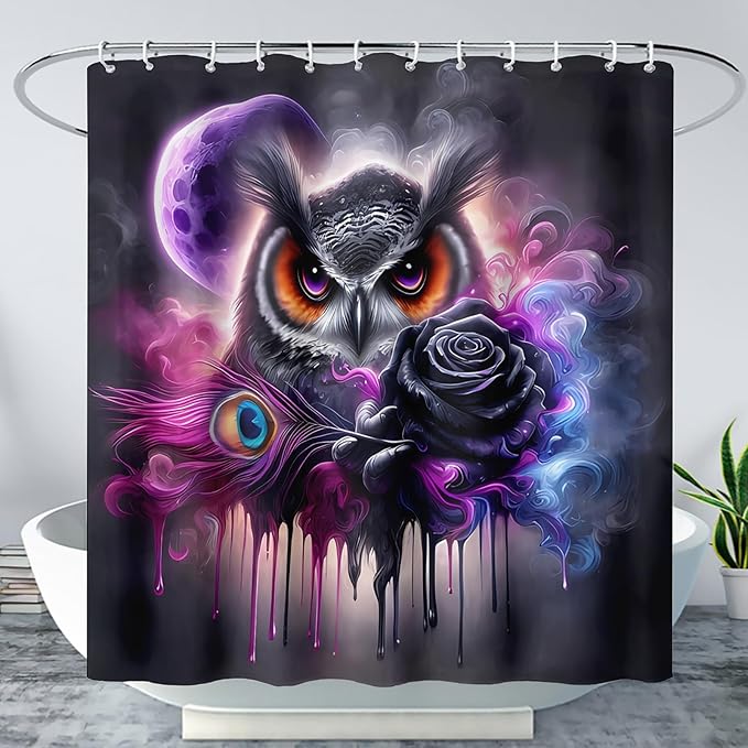 AILONEN Gothic Owl Shower Curtain Set,Purple Moon Animal Owl Bird Bathroom Decor for Kids Teens Adults,Black Rose Waterproof Shower Curtain with Hooks,36" Wx72 H