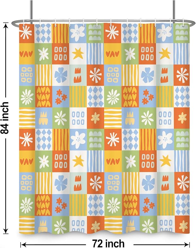 Boho Checkered Floral Shower Curtain Set Multicolored Geometric Flower Print Shower Curtains for Bathroom Waterproof Fabric Bathtub Decorations with Hooks 72x84 Inches