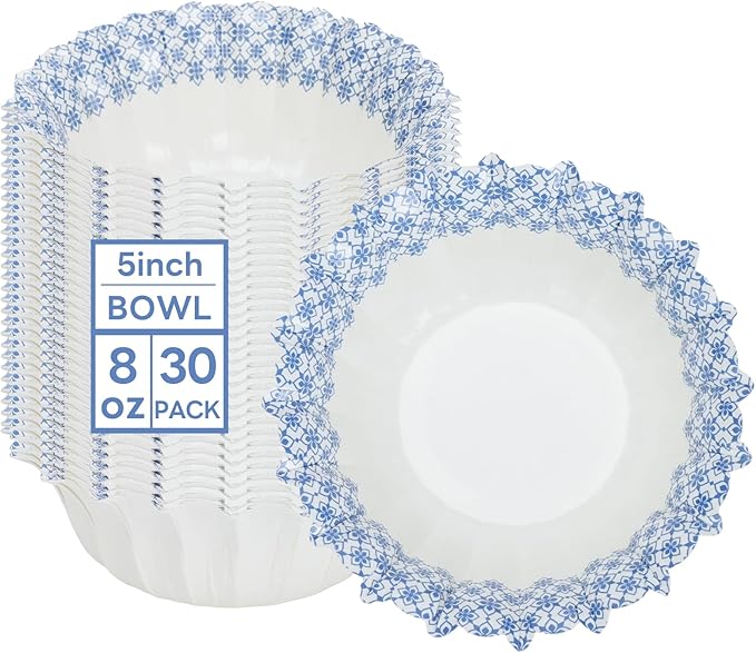 30 Pcs Small Paper Bowls, 8oz Floral Disposable Soup Bowl, Heavy Duty Printed Disposable Bowls For Snack,Dessert,Ice Cream,Salad, Party & Everyday Use(Blue Grid Pattern)