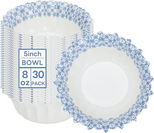 30 Pcs Small Paper Bowls, 8oz Floral Disposable Soup Bowl, Heavy Duty Printed Disposable Bowls For Snack,Dessert,Ice Cream,Salad, Party & Everyday Use(Blue Grid Pattern)
