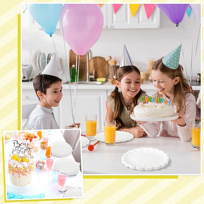NatNarr 30 Pcs White Paper Plates 9.5 In White Plates Disposable Heavy Duty Scalloped Party Plate with Shell Edge for Wedding Birthday Bridal Shower Girl Baby Shower