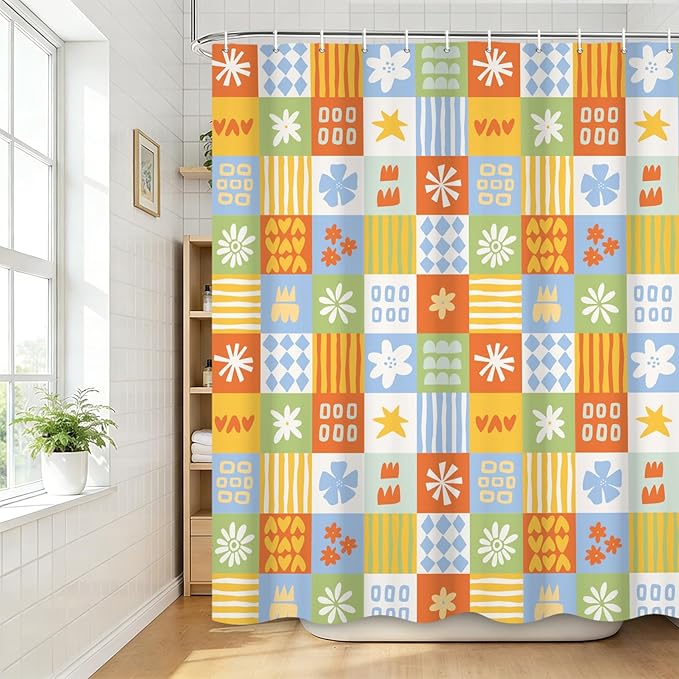 Boho Checkered Floral Shower Curtain Set Multicolored Geometric Flower Print Shower Curtains for Bathroom Waterproof Fabric Bathtub Decorations with Hooks 72x72 Inches