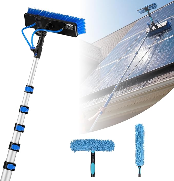 VEVOR Solar Panel Cleaning Kit, 39 ft, Water Fed Pole Kit with Cleaning Brush, Soap Dispenser, Extendable Aluminum Telescopic Pole, 180° Rotatable Brush Head, for Roof Mounted Solar Panels, Windows