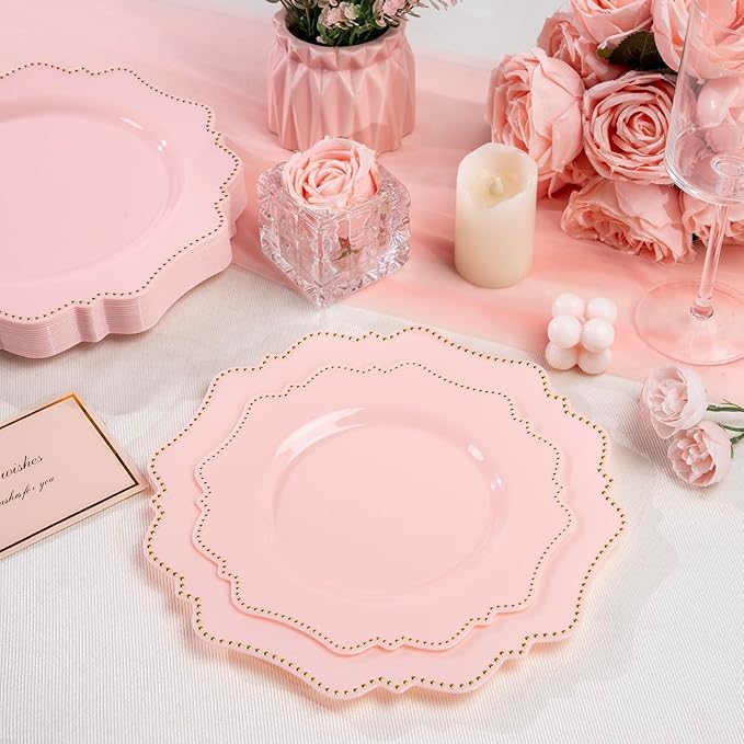 COLOSUS 60Pcs Pink and Gold Plastic Plates Set, Gold Pink Disposable Party Plates, 30pcs Dinner Plates and 30pcs Salad/Dessert Plates for Wedding, Party, Anniversary, Daily Use,Valentine's Day