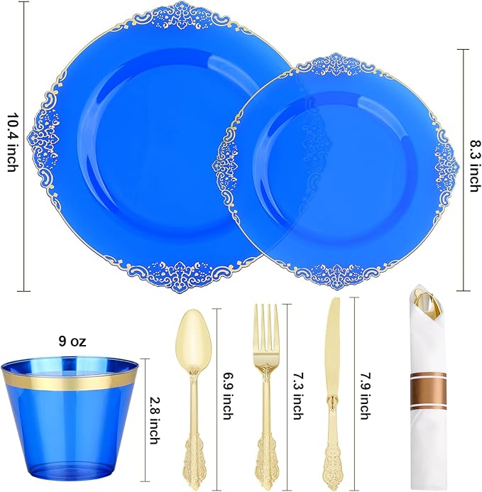 Bestluck 350 PCS Blue and Gold Plastic Plates, Disposable Dinnerware Set for 50 Guests, 100 Disposable Plates, 150 Silverwares, 50 Cups, 50 Napkins for Wedding, Party, Graduation