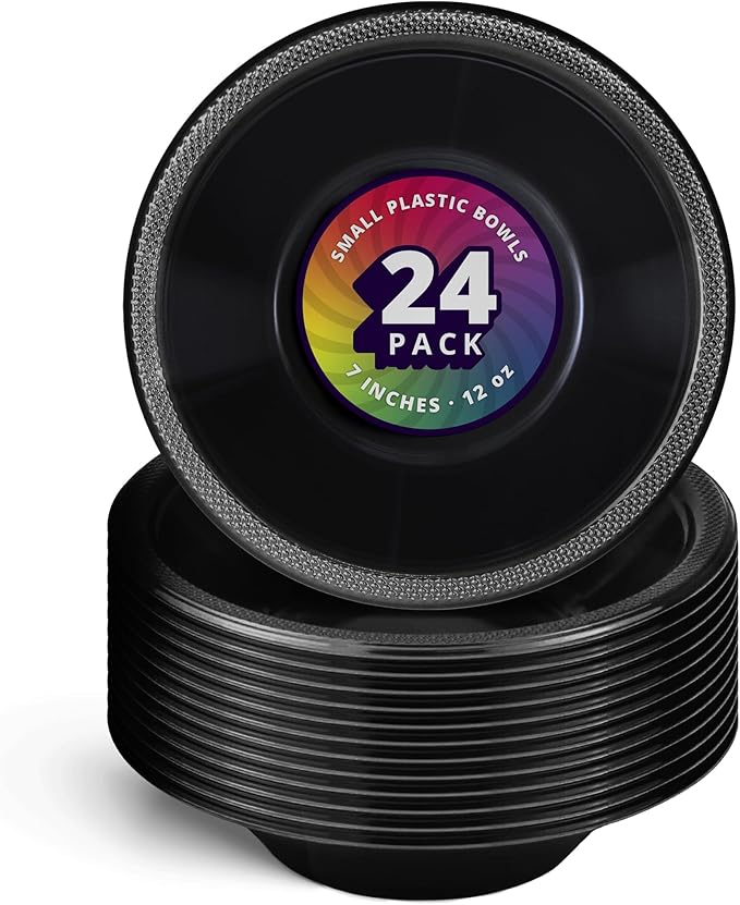 DecorRack 24 Small Plastic Bowls, 7 inch Disposable 12 oz Serving Bowl, Fruit Snack, Popcorn, Soup, and Salad, Kids Birthday and Holiday Party Supplies, Black (Pack of 24)
