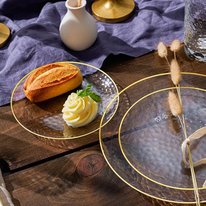 R-kay 100 Pack Clear Plastic Plates For Wedding - 10 IN Hammered Gold Rimmed Sturdy, Durable And Extra Heavy duty Gold Plastic Plates For Party - Bulk Disposable Plates For Weddings