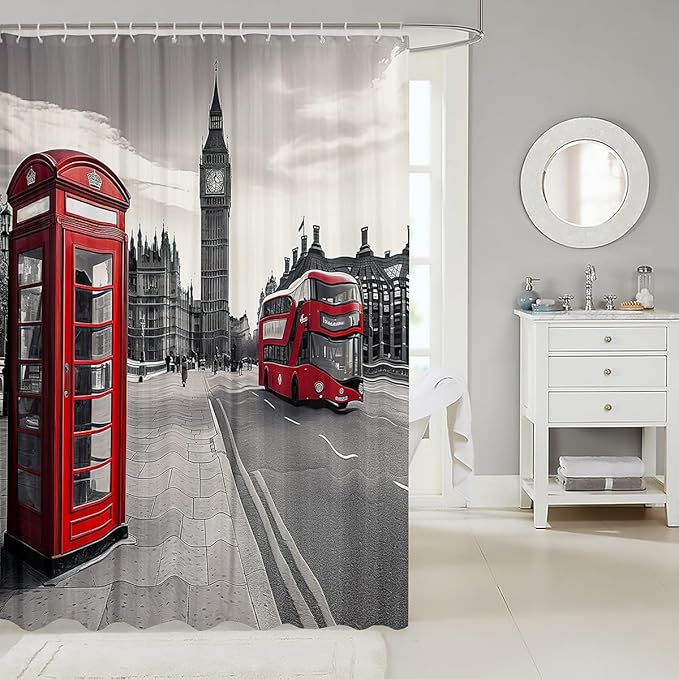 Famous Telephone Booth Bathroom Shower Curtain London Waterproof Kids Boys Girls The Big Ben Symbols Shower Curtain Accessories with Hooks UK Vintage Decor,72x78 Inches