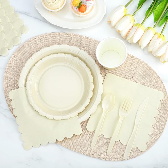 175 Pcs Ivory Paper Plates and Napkins, Beige Party Supplies Include Scalloped Cream Plates Napkin Cup Plastic Cutlery for Wedding, Bridal&Baby Shower, Birthday