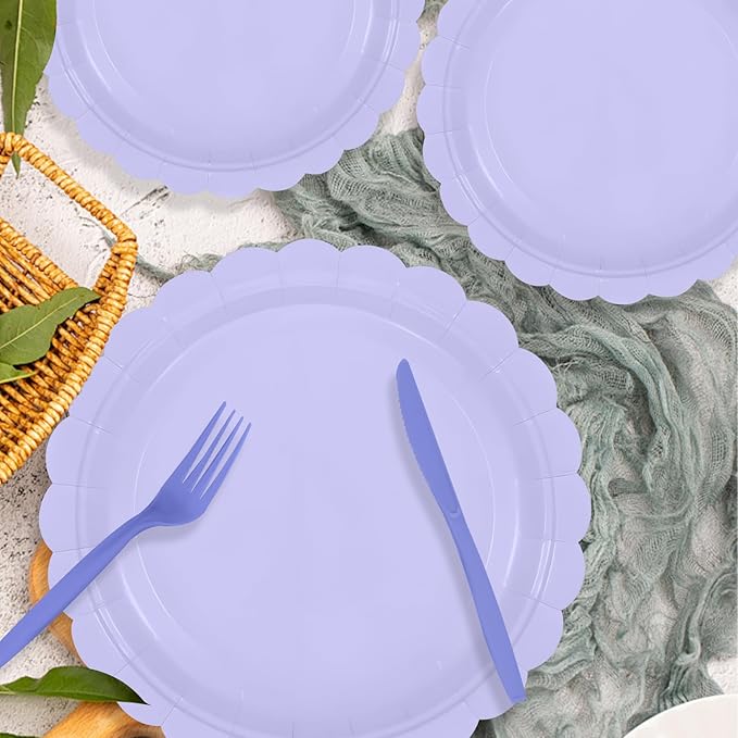 140 Pcs Lavender Paper Plates and Napkins, Light Purple Party Supplies Include Scalloped Lavender Plates Napkin Cup Plastic Cutlery for Garden Party, Baby Shower, Wedding, Birthday