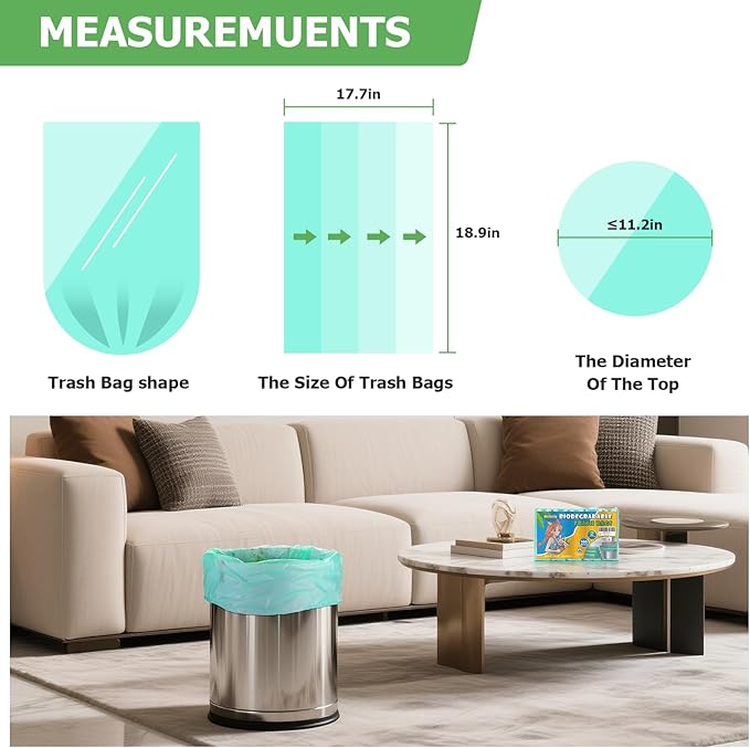 3 Gallon Trash Bag Bathroom Green-Unscented - Small Kitchen Mini Garbage Bags Biodegradable Compostable 100 Count Strong Can Bin Liners for Car Office Bulk Waste Basket Liner Heihaily