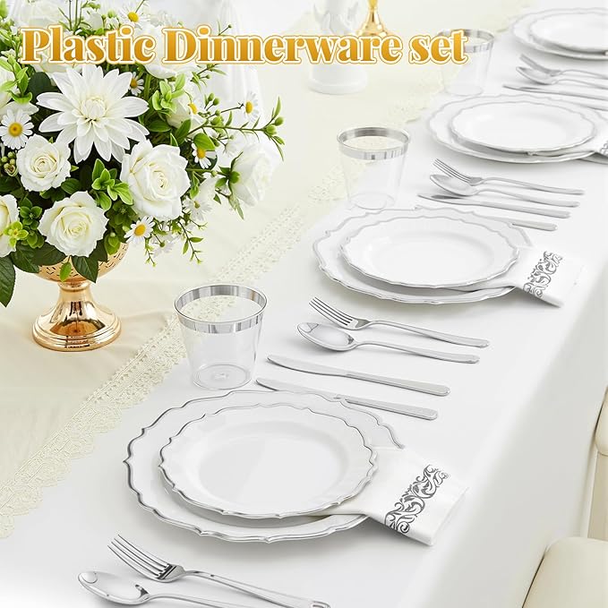 175 Plastic Dinnerware Set Silver Disposable Dinnerware Set for 25 Guests Include 50 Plastic Plates,25 Silverware Set 25 Cups and 25 Napkins for Party Wedding Thanksgiving