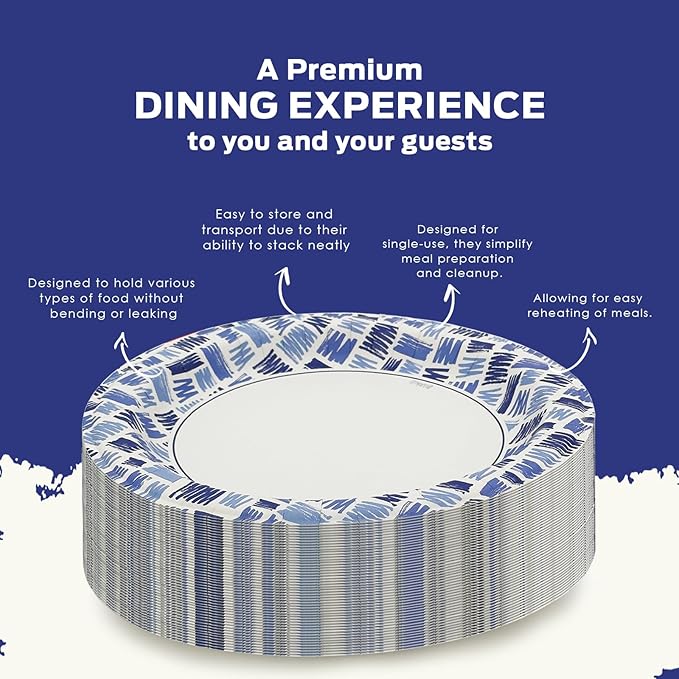 PAMI Heavy-Duty Disposable Small Round Paper Dinnerware, Microwave-Safe, Cut, Oil & Water Resistant, Unique Design (7 Inch Plate 200 Blue)