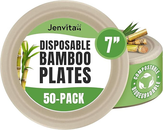 Jenvita Bamboo Biodegradable Plates (50-Pack, 7-inch) | Sturdy & Microwave Safe | Heavy Duty Microwavable Disposable Plates | PFAS Free, Biodegradable | FSC Certified Alternative to Plastic