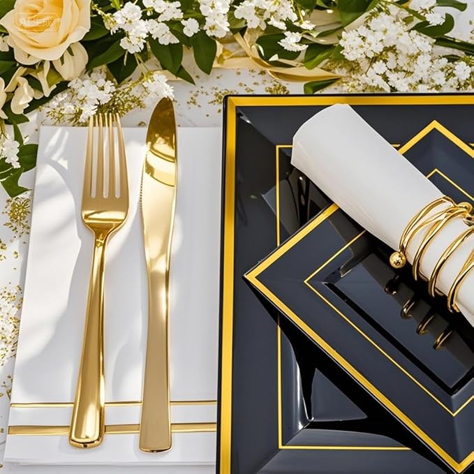 Festiva 350Pcs Black and Gold Plastic Plates-50Guests Disposable Square Black Dinnerware Set include 100 Plastic Plates,50Cups,150Plastic Cutlery,50Napkins for Birthday Party &Wedding&Graduation