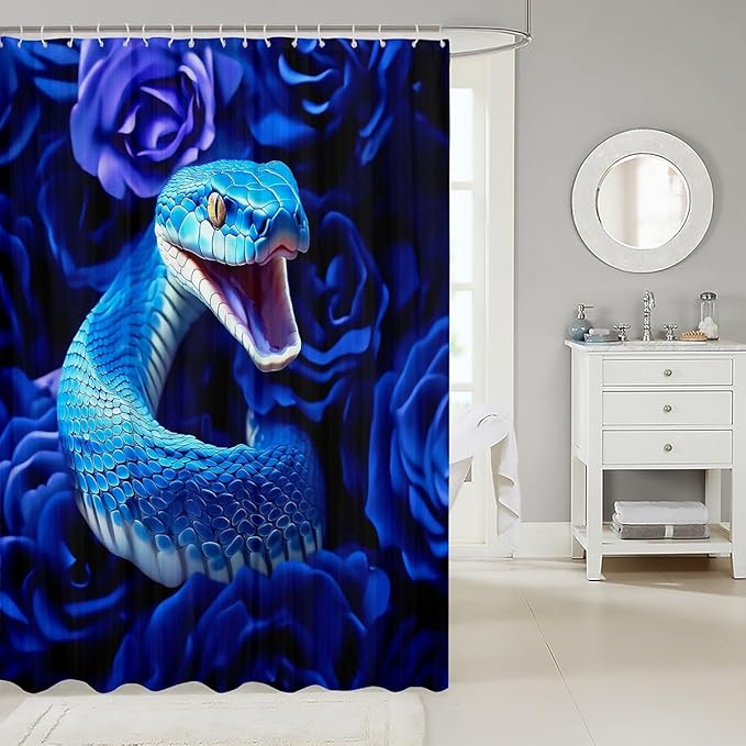 Snake Shower Curtain Set for Boys Girls,Blue Little Dragon Reptile Waterproof Shower Curtain Youth Man,Exotic Tribe Tropical Desert Wildlife Bath Curtain,Serpentine Bathroom Accessories 72" Wx84 L